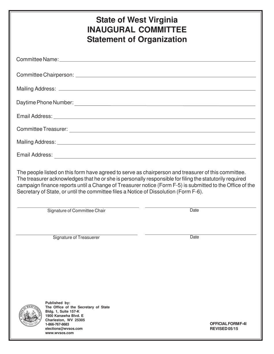 Official Form F-4I Statement of Organization - Inaugural Committee - West Virginia, Page 1