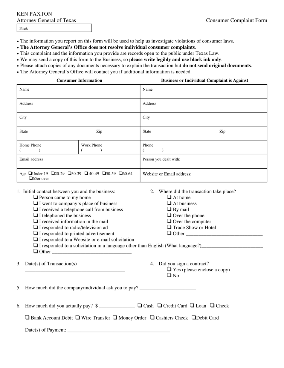 Form 05-002-E Consumer Complaint Form - Texas, Page 1