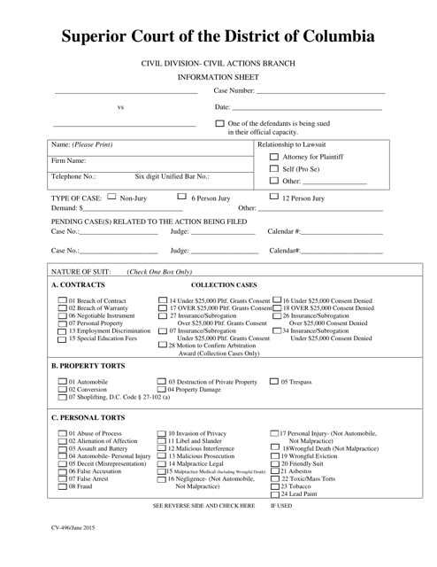 Document preview: Form CV-496 Information Sheet - Washington, D.C.