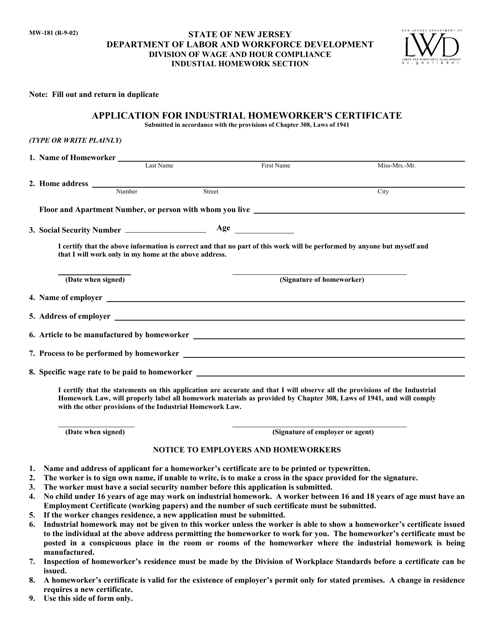 Form MW-181 Application for Industrial Homeworker's Certificate - New Jersey