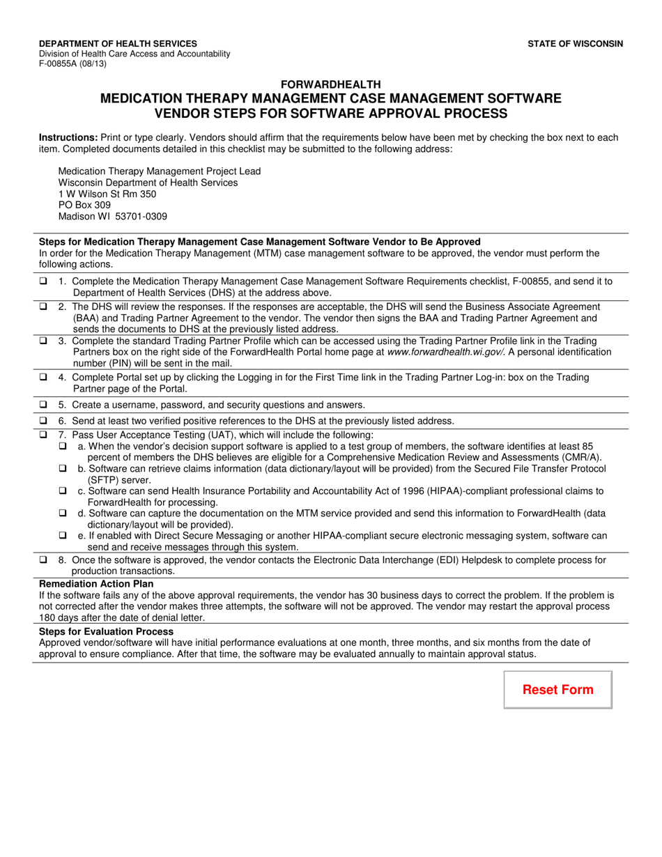 Form F-00855A Medication Therapy Management Case Management Software Vendor Steps for Software Approval Process - Wisconsin, Page 1