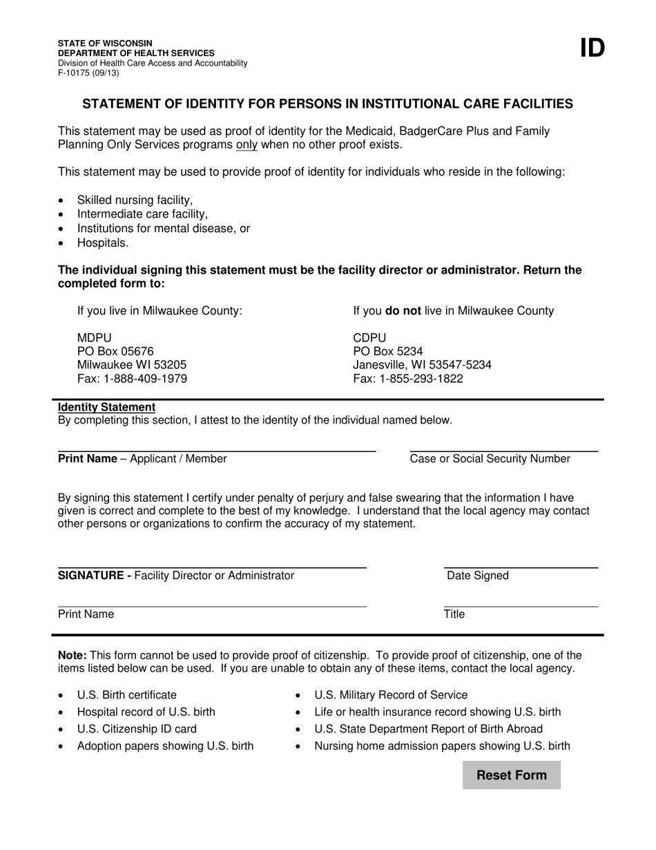 Form F-10175 Statement of Identity for Persons in Institutional Care Facilities - Wisconsin, Page 1