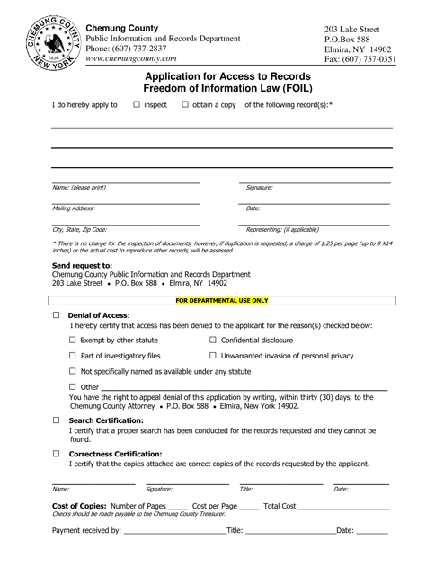 Application for Access to Records Freedom of Information Law (Foil) - Chemung County, New York Download Pdf