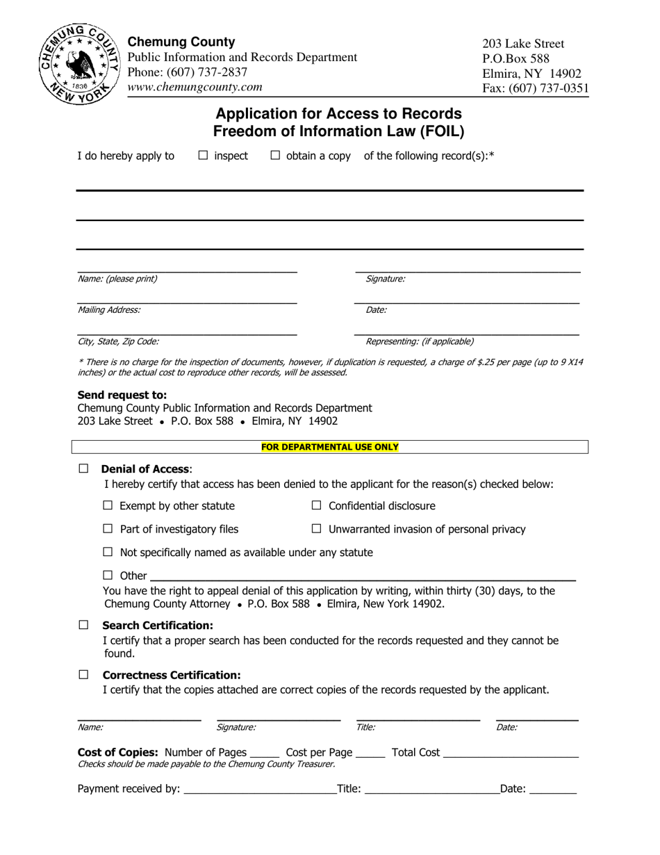 Application for Access to Records Freedom of Information Law (Foil) - Chemung County, New York, Page 1