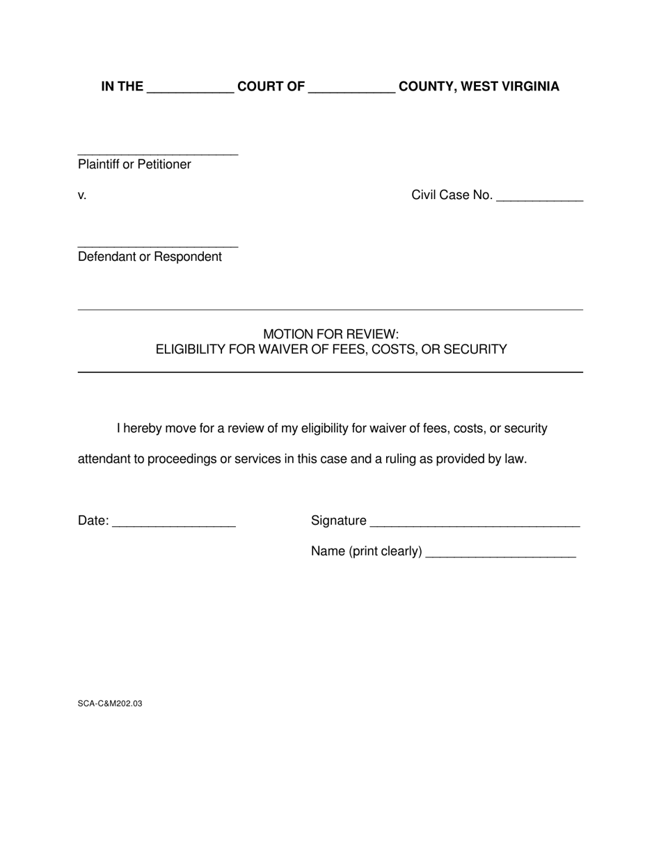 Form SCA-CM202.03 Motion for Review: Eligibility for Waiver of Fees, Costs, or Security - West Virginia, Page 1