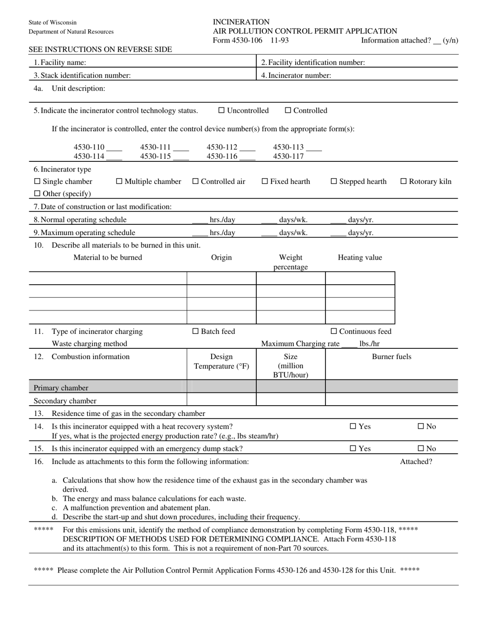 Form 4530-106 Incineration Air Air Pollution Control Permit Application - Wisconsin, Page 1