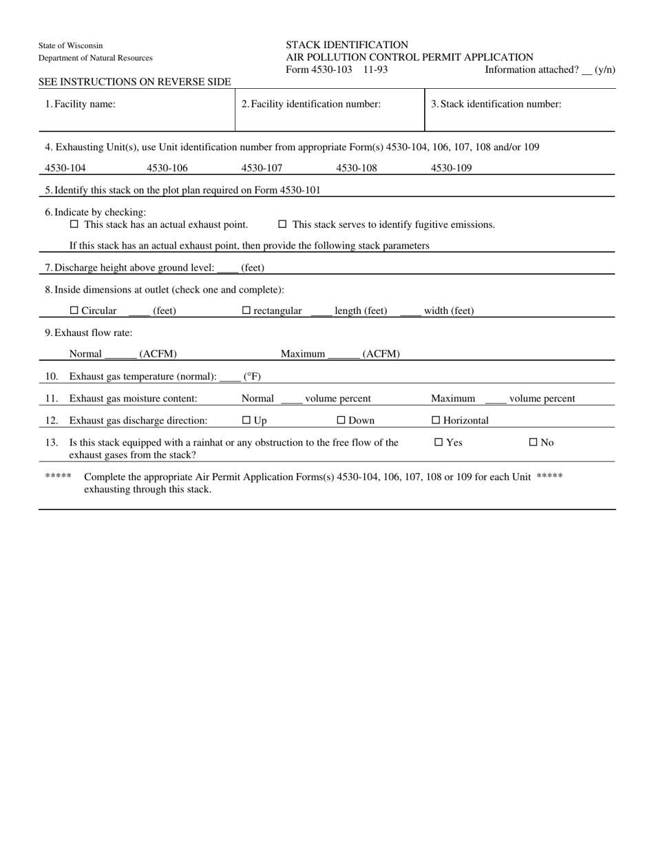 Form 4530-103 Stack Identification Air Pollution Control Permit Application - Wisconsin, Page 1