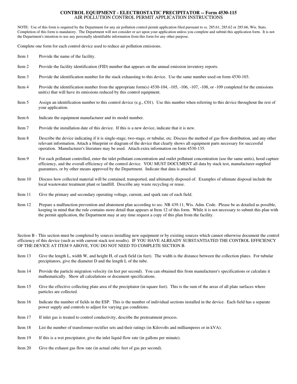Form 4530-115 Control Equipment-Electrostatic Precipitator Air Pollution Control Permit Application - Wisconsin, Page 2