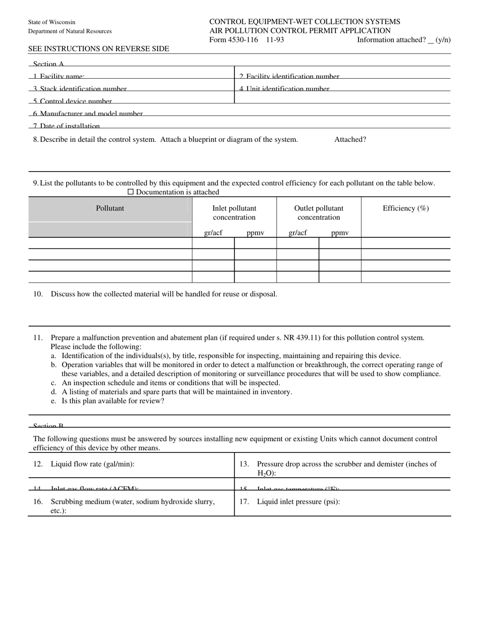 Form 4530-116 Control Equipment-Wet Collection Systems Air Pollution Control Permit Application - Wisconsin, Page 1