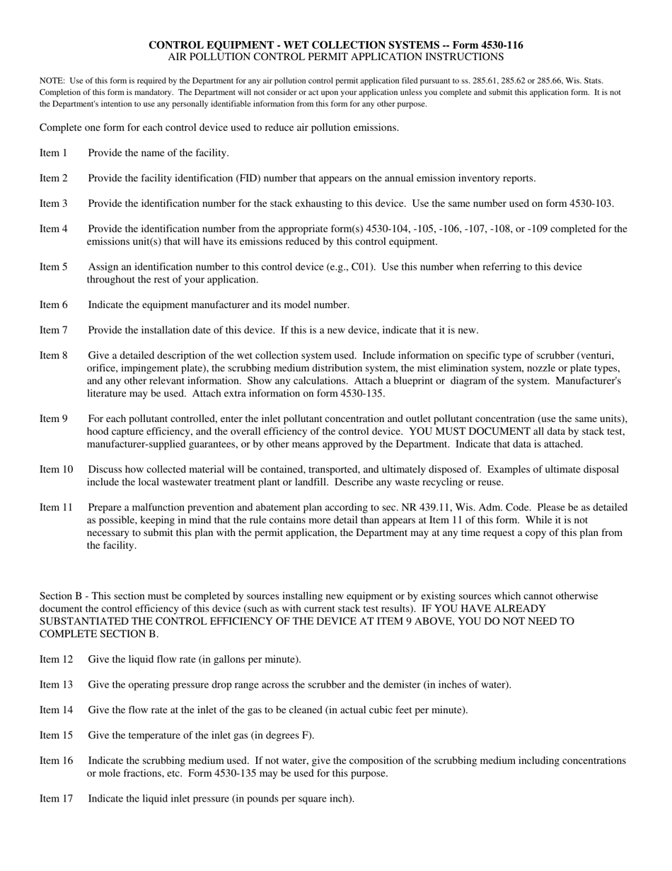 Form 4530-116 Control Equipment-Wet Collection Systems Air Pollution Control Permit Application - Wisconsin, Page 2