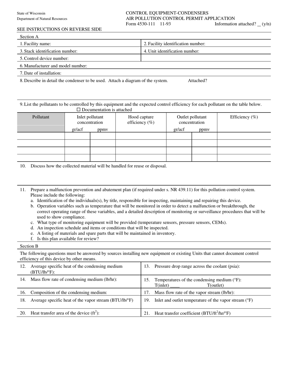 Form 4530-111 Control Equipment-Condensers Air Pollution Control Permit Application - Wisconsin, Page 1