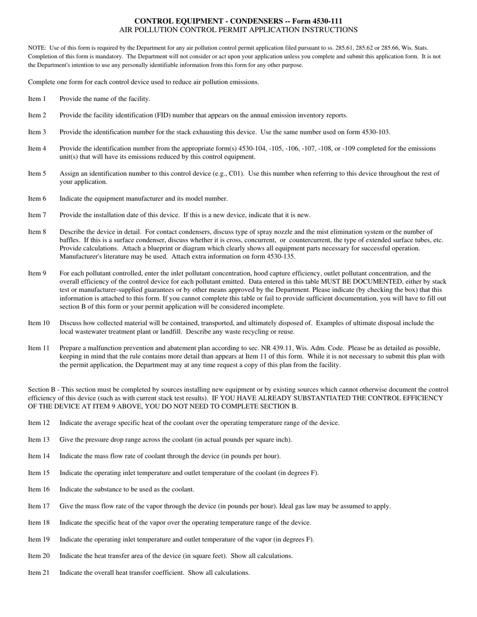 Form 4530-111 Control Equipment-Condensers Air Pollution Control Permit Application - Wisconsin, Page 2