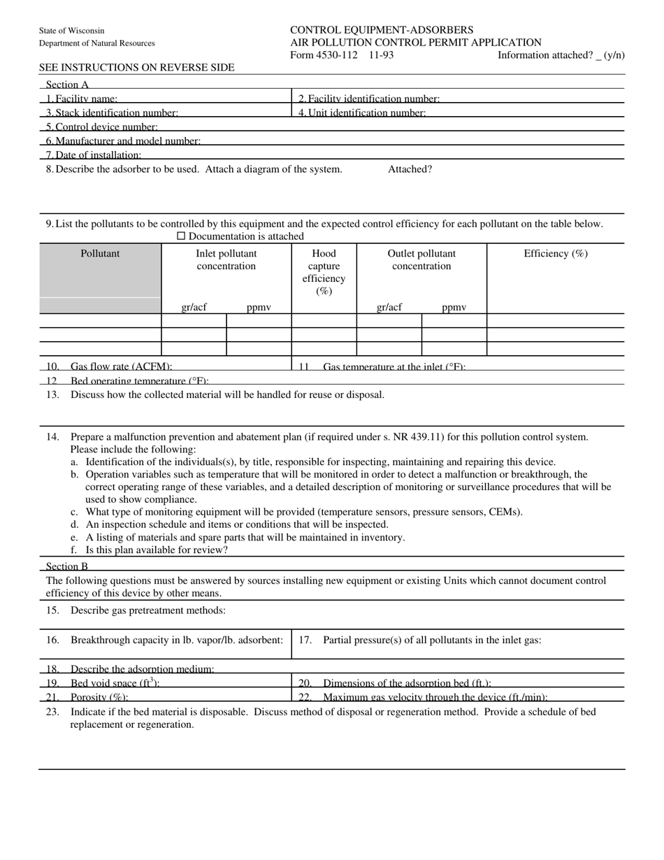Form 4530-112 Control Equipment-Adsorbers Air Pollution Control Permit Application - Wisconsin, Page 1