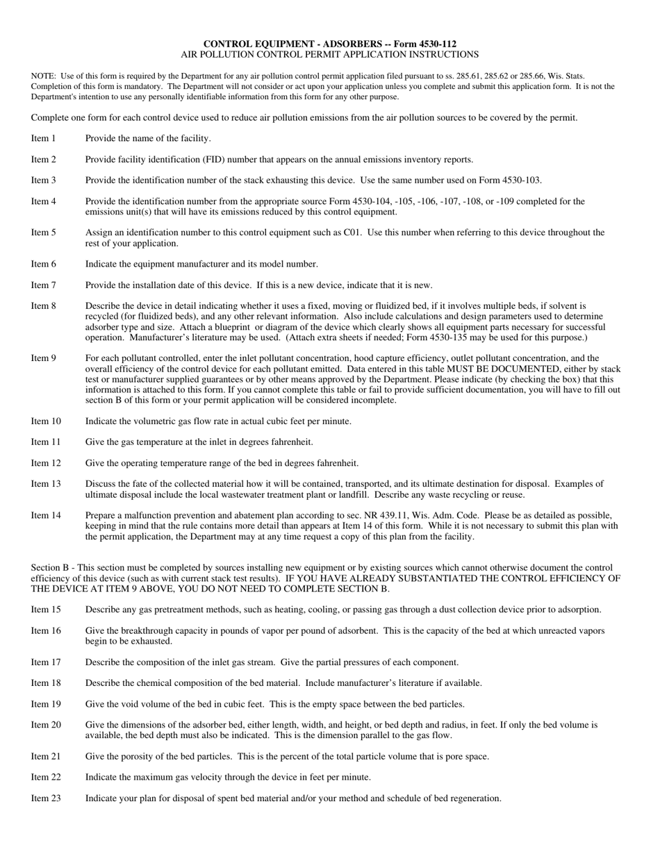 Form 4530-112 Control Equipment-Adsorbers Air Pollution Control Permit Application - Wisconsin, Page 2