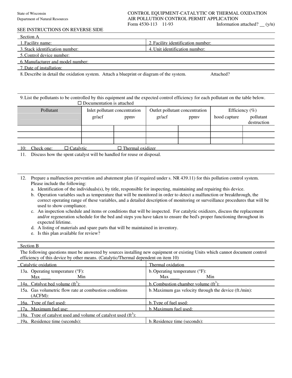 Form 4530-113 Control Equipment-Catalytic or Thermal Oxidation Air Pollution Control Permit Application - Wisconsin, Page 1