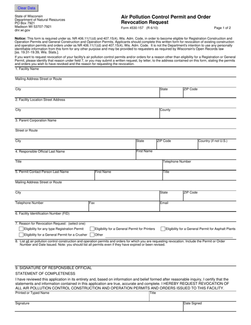 Form 4530-157 Air Pollution Control Permit and Order Revocation Request - Wisconsin
