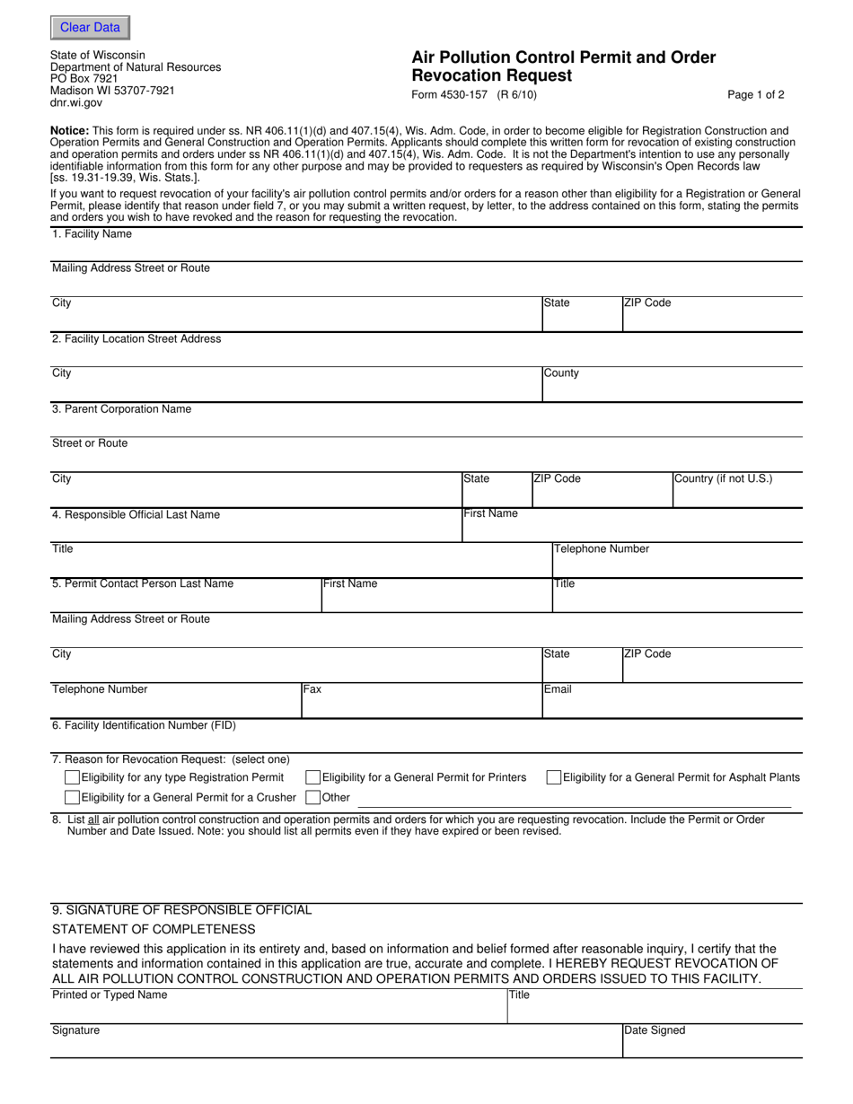 Form 4530-157 Air Pollution Control Permit and Order Revocation Request - Wisconsin, Page 1