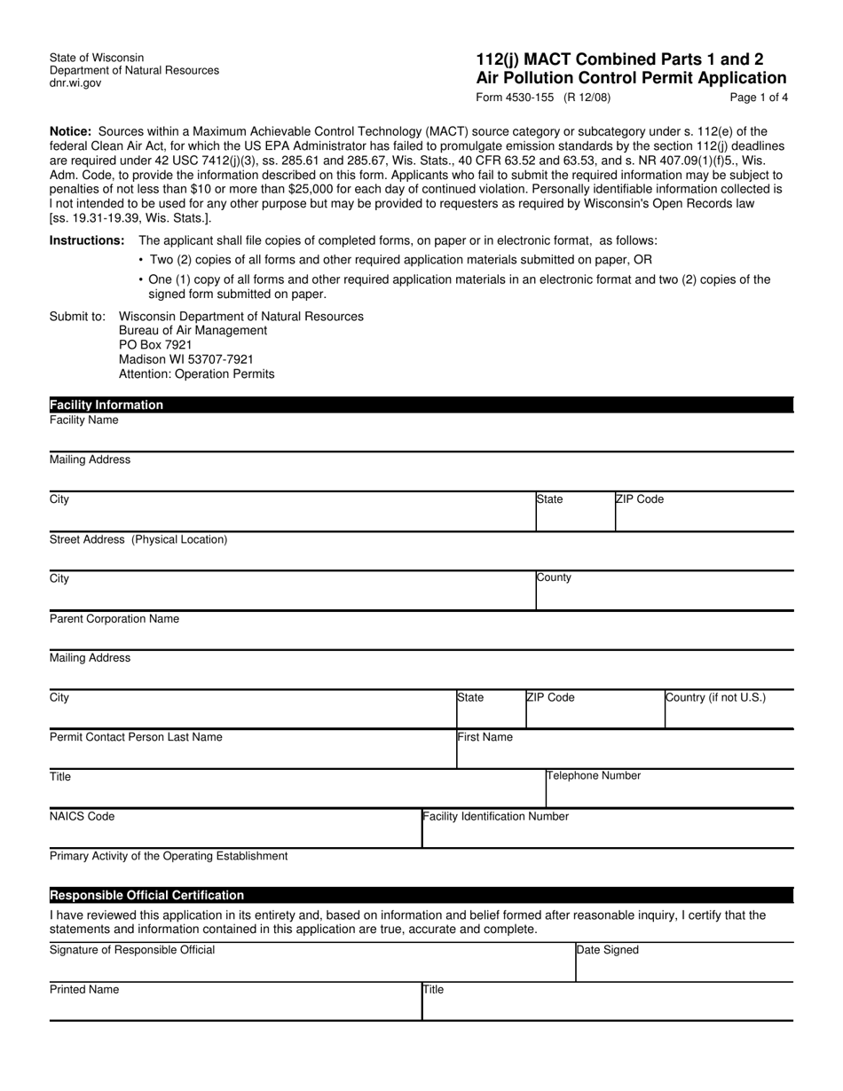 Form 4530-155 112(J) Mact Combined Parts 1 and 2 Air Pollution Control Permit Application - Wisconsin, Page 1