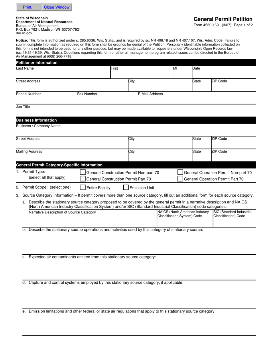 Form 4530-169 General Permit Petition - Wisconsin, Page 1