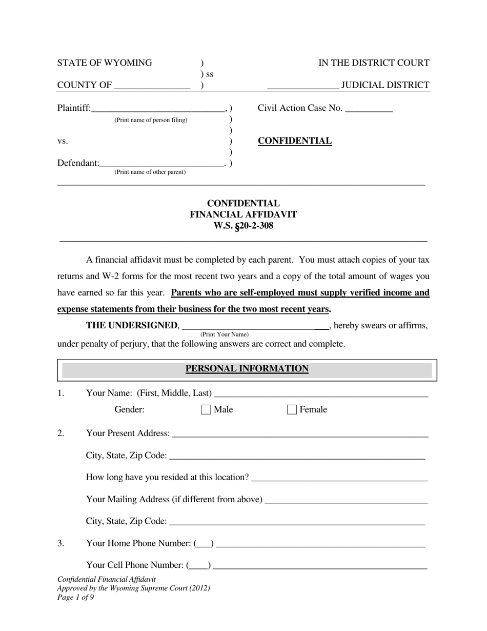 Confidential Financial Affidavit - Wyoming, Page 1
