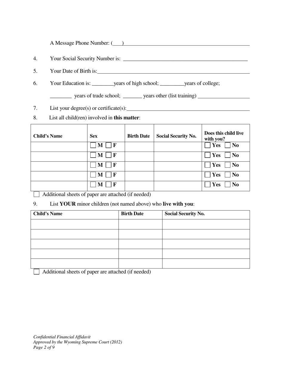 Confidential Financial Affidavit - Wyoming, Page 2
