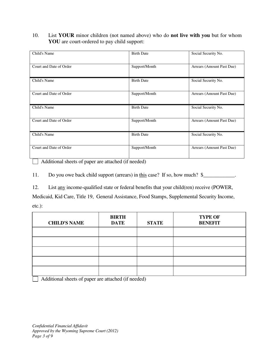 Confidential Financial Affidavit - Wyoming, Page 3