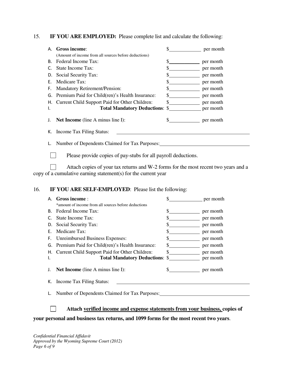 Confidential Financial Affidavit - Wyoming, Page 6