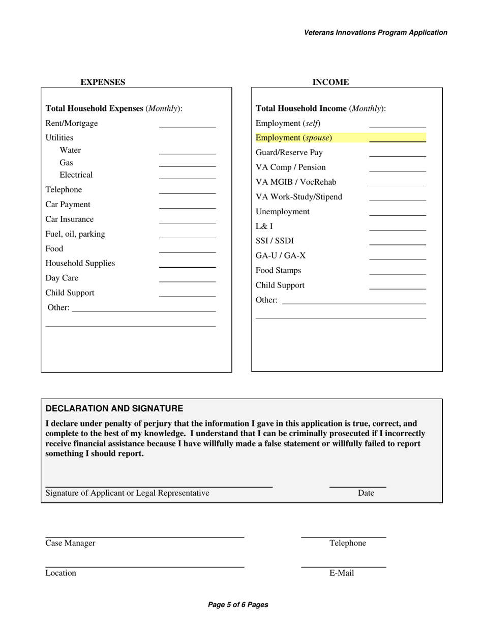 VIP Form 1 Veterans Innovations Program Application - Washington, Page 5
