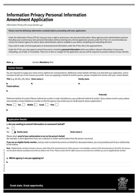 Form 2IP Information Privacy Personal Information Amendment Application - Queensland, Australia
