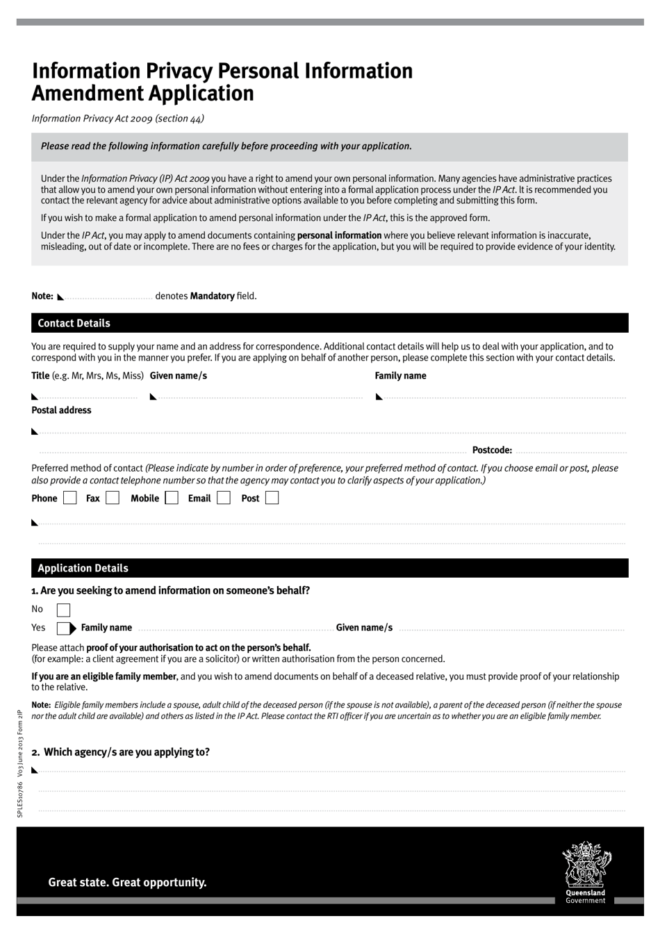 Form 2IP Information Privacy Personal Information Amendment Application - Queensland, Australia, Page 1