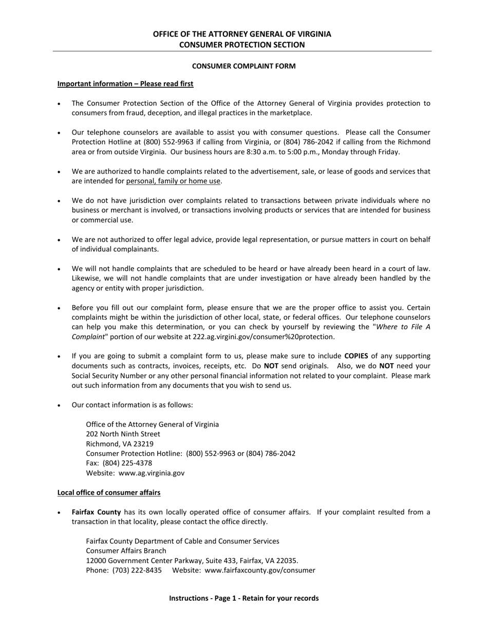 Official Consumer Complaint Form - Virginia, Page 1