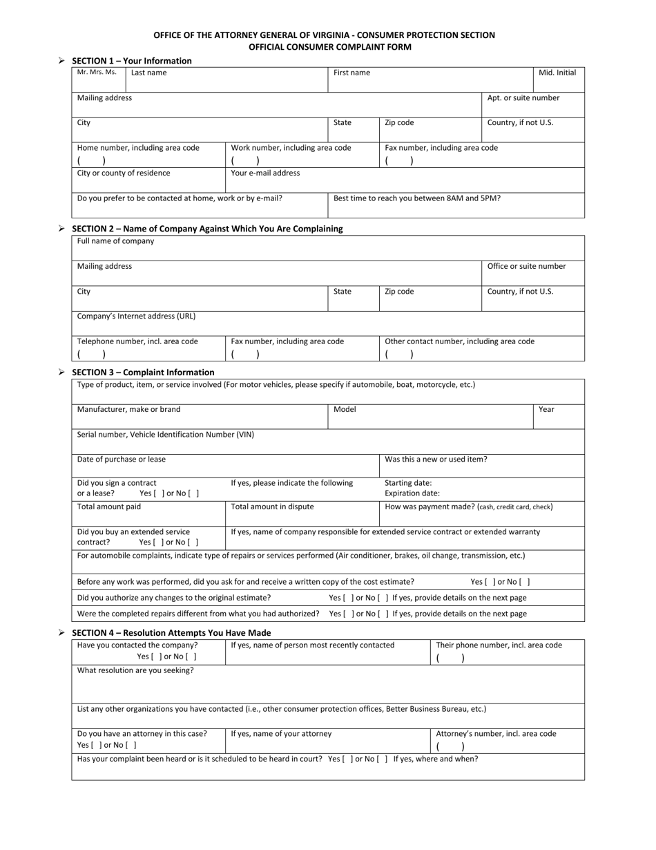 Virginia Official Consumer Complaint Form Fill Out, Sign Online and Download PDF Templateroller