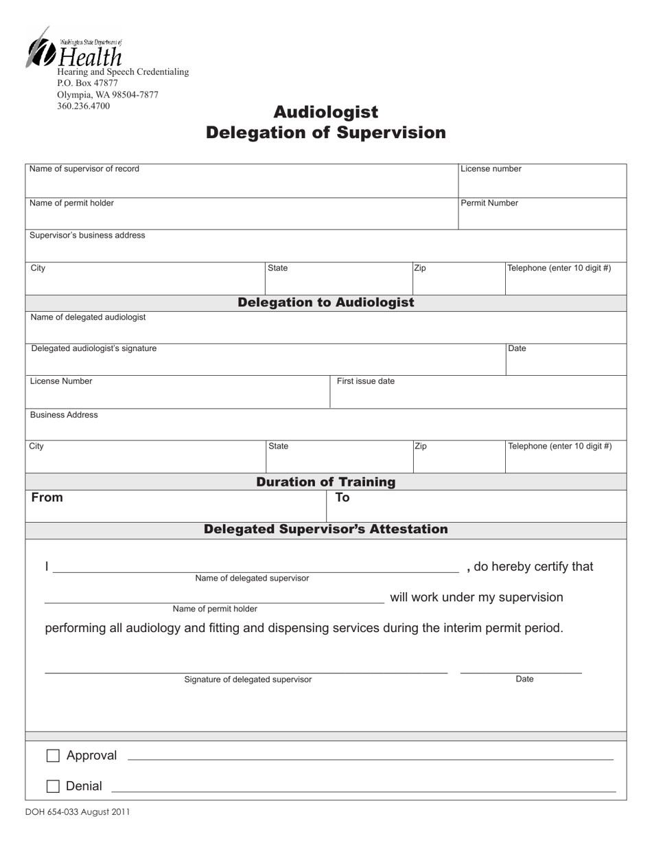 DOH Form 654-033 Audiologist Delegation of Supervision - Washington, Page 1