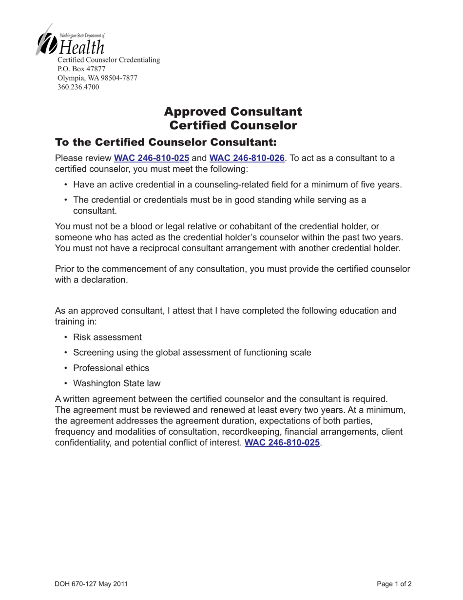 DOH Form 670-127 Approved Consultant Certified Counselor - Washington, Page 1