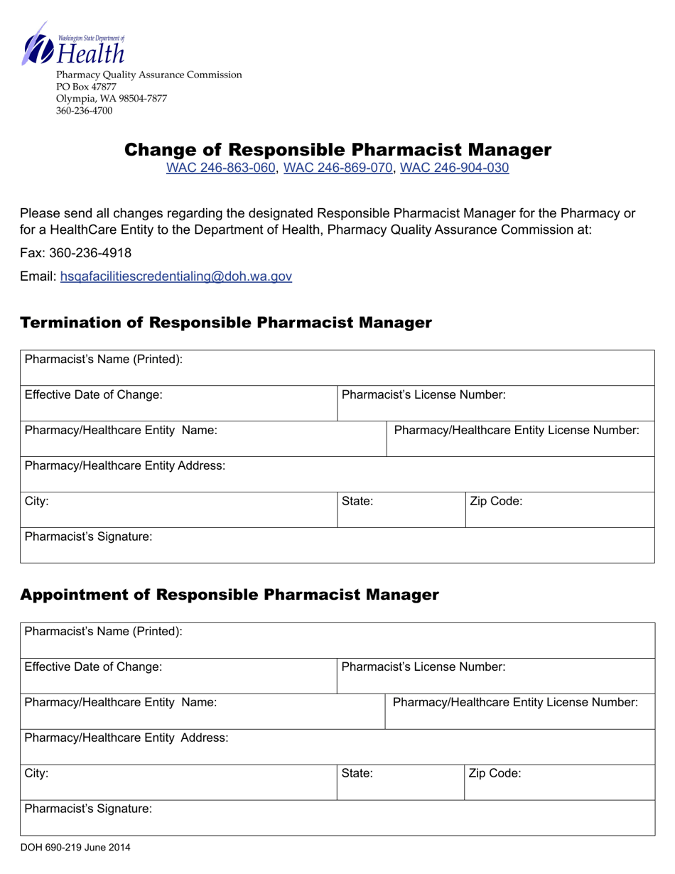 DOH Form 690-219 Change of Responsible Pharmacist Manager - Washington, Page 1