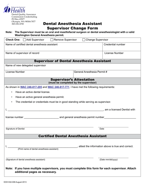 DOH Form 632-008 Dental Anesthesia Assistant Supervisor Change Form - Washington