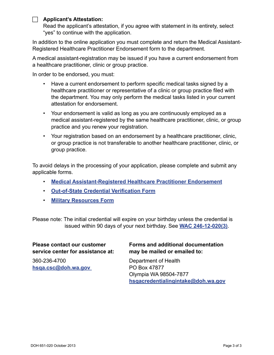 Instructions for DOH Form 651-004 Medical Assistant-Registered Credential Application - Washington, Page 3