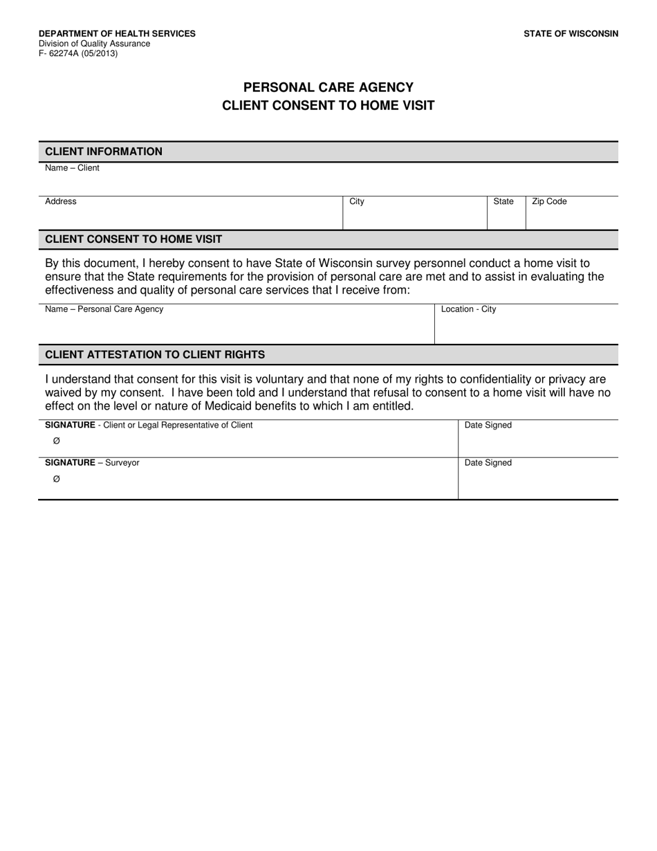 Form F-62274A Personal Care Agency Client Consent to Home Visit - Wisconsin, Page 1