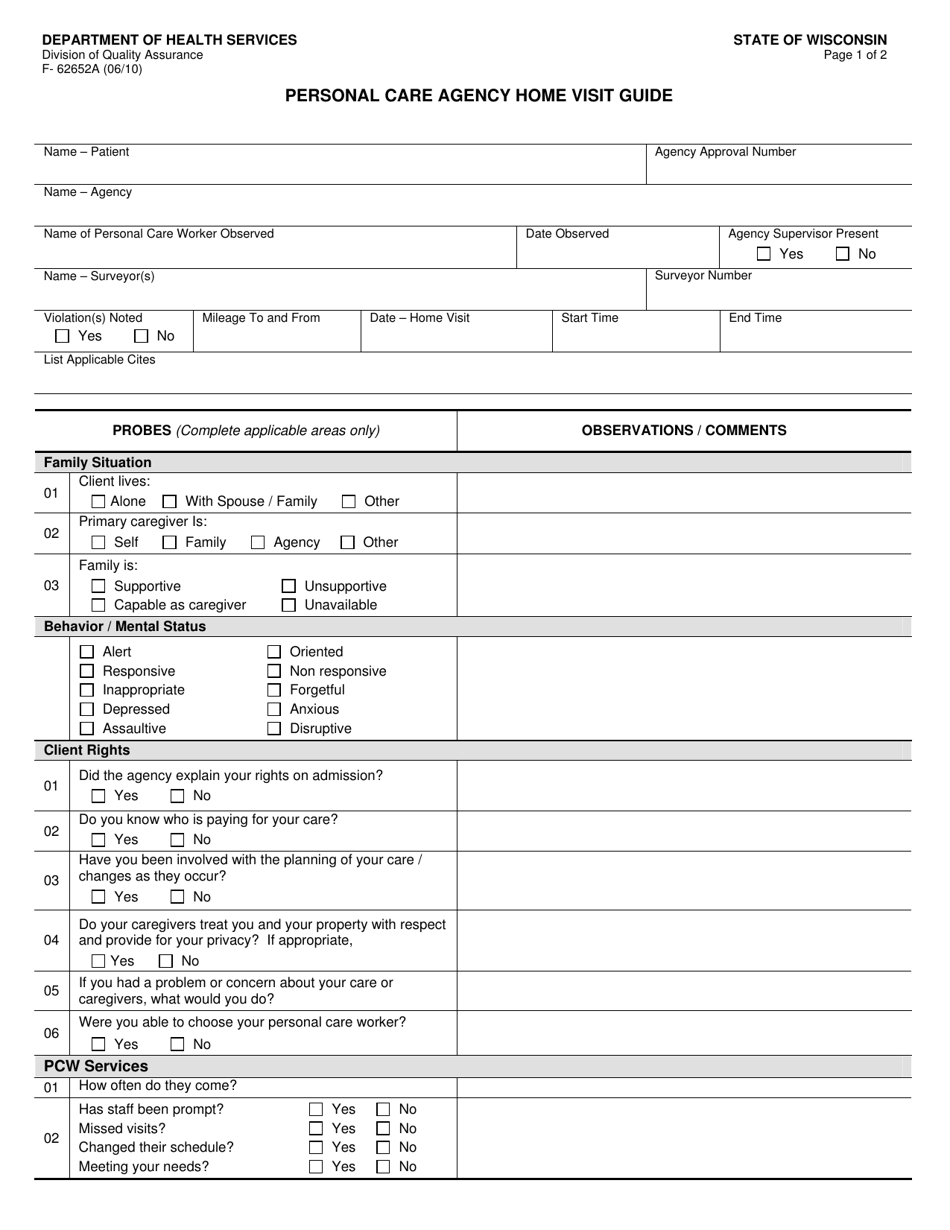 Form F-62652A Personal Care Agency Home Visit Guide - Wisconsin, Page 1