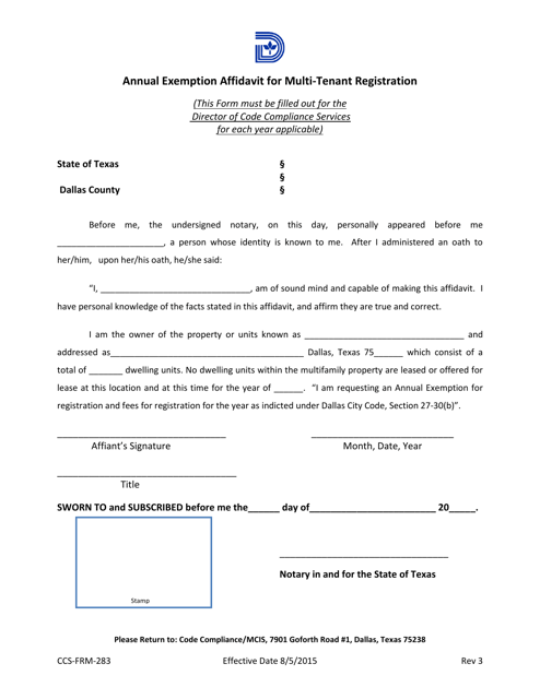 Form CCS-FRM-283 Annual Exemption Affidavit for Multi-Tenant Registration - Property Owner - City of Dallas, Texas