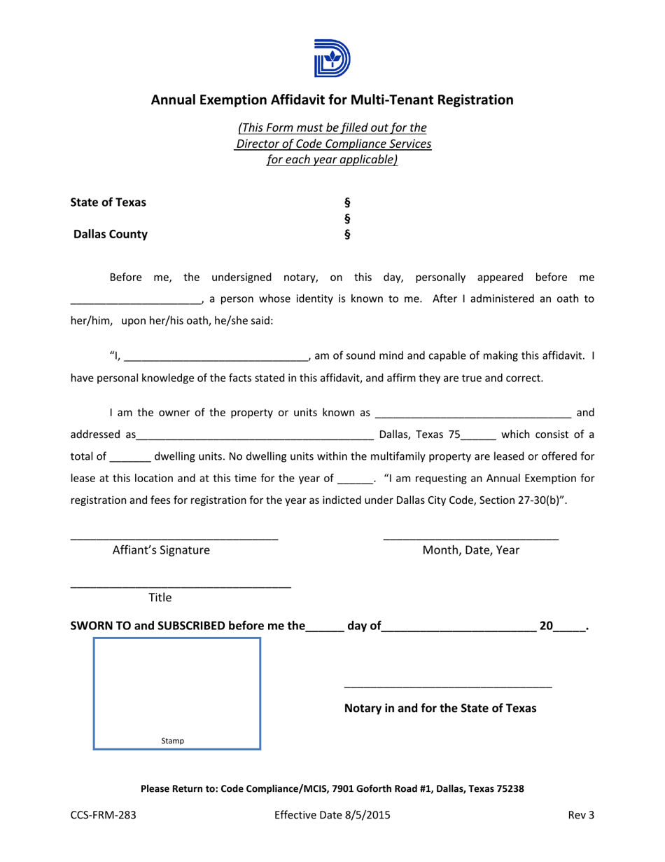 Form CCS-FRM-283 Annual Exemption Affidavit for Multi-Tenant Registration - Property Owner - City of Dallas, Texas, Page 1