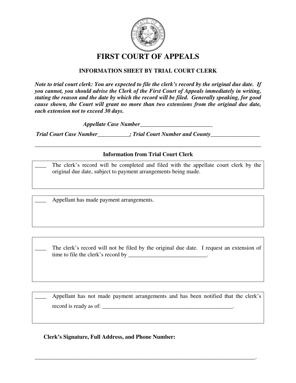 Trial-Court Clerk Information Sheet - Texas, Page 1