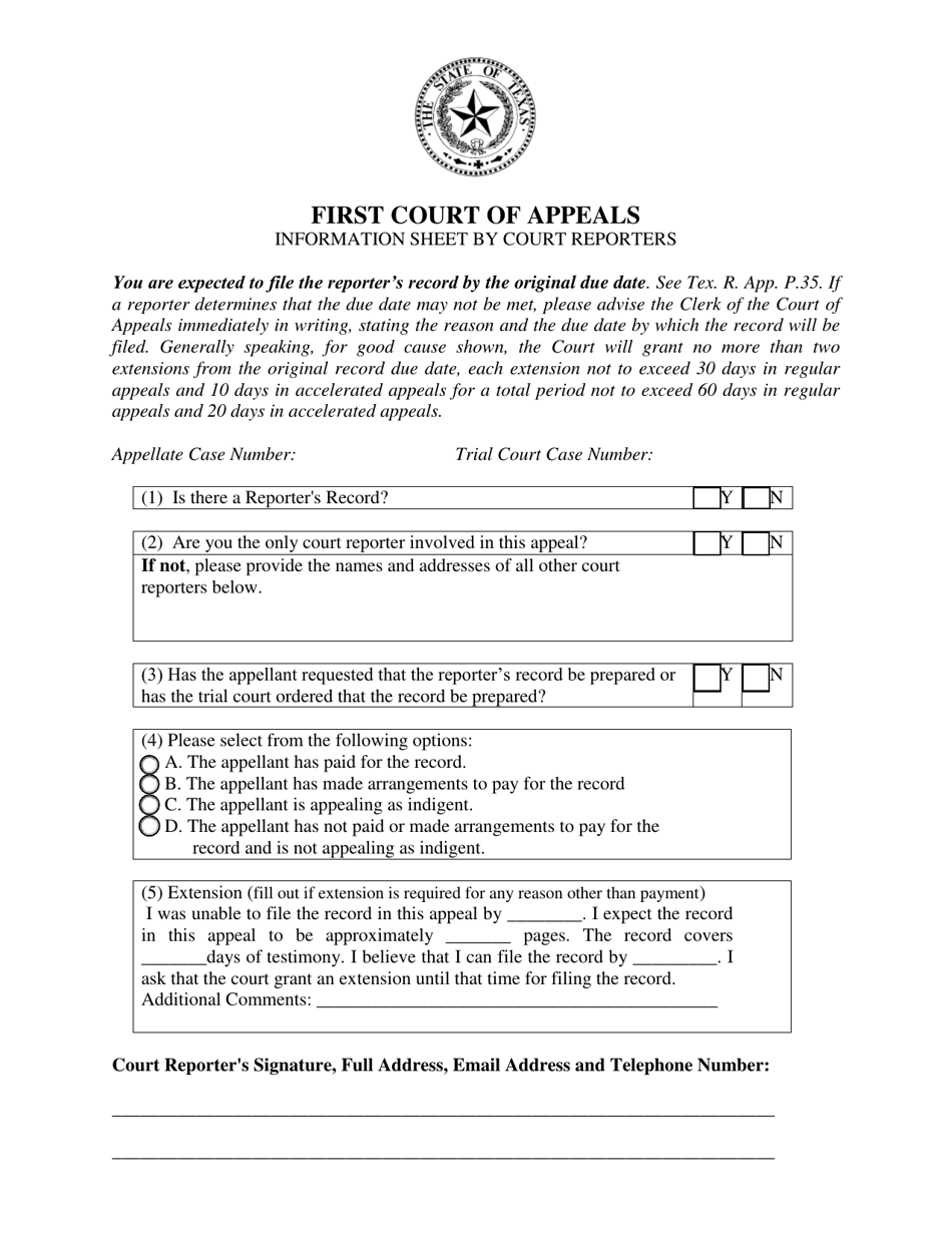 Court Reporter Information Sheet - Texas, Page 1
