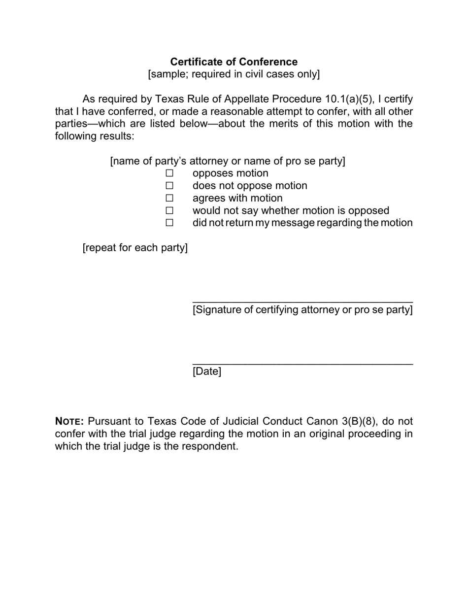 Certificate of Conference - Texas, Page 1
