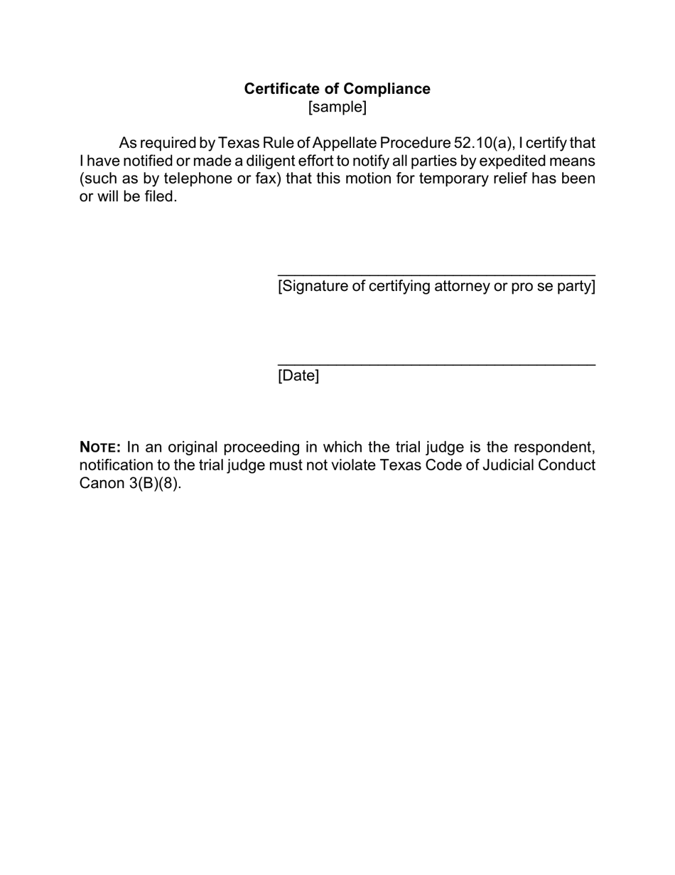 Certificate of Compliance - Texas, Page 1