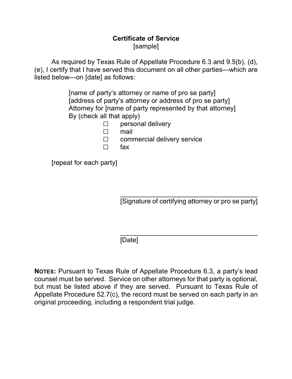 Certificate of Service - Texas, Page 1