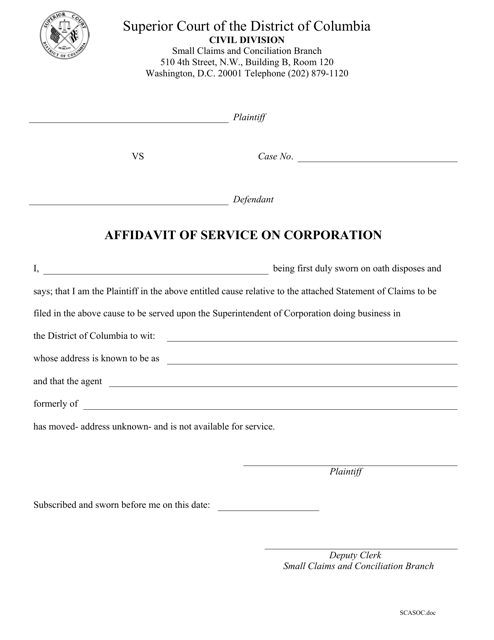 Affidavit of Service on Corporation - Washington, D.C.
