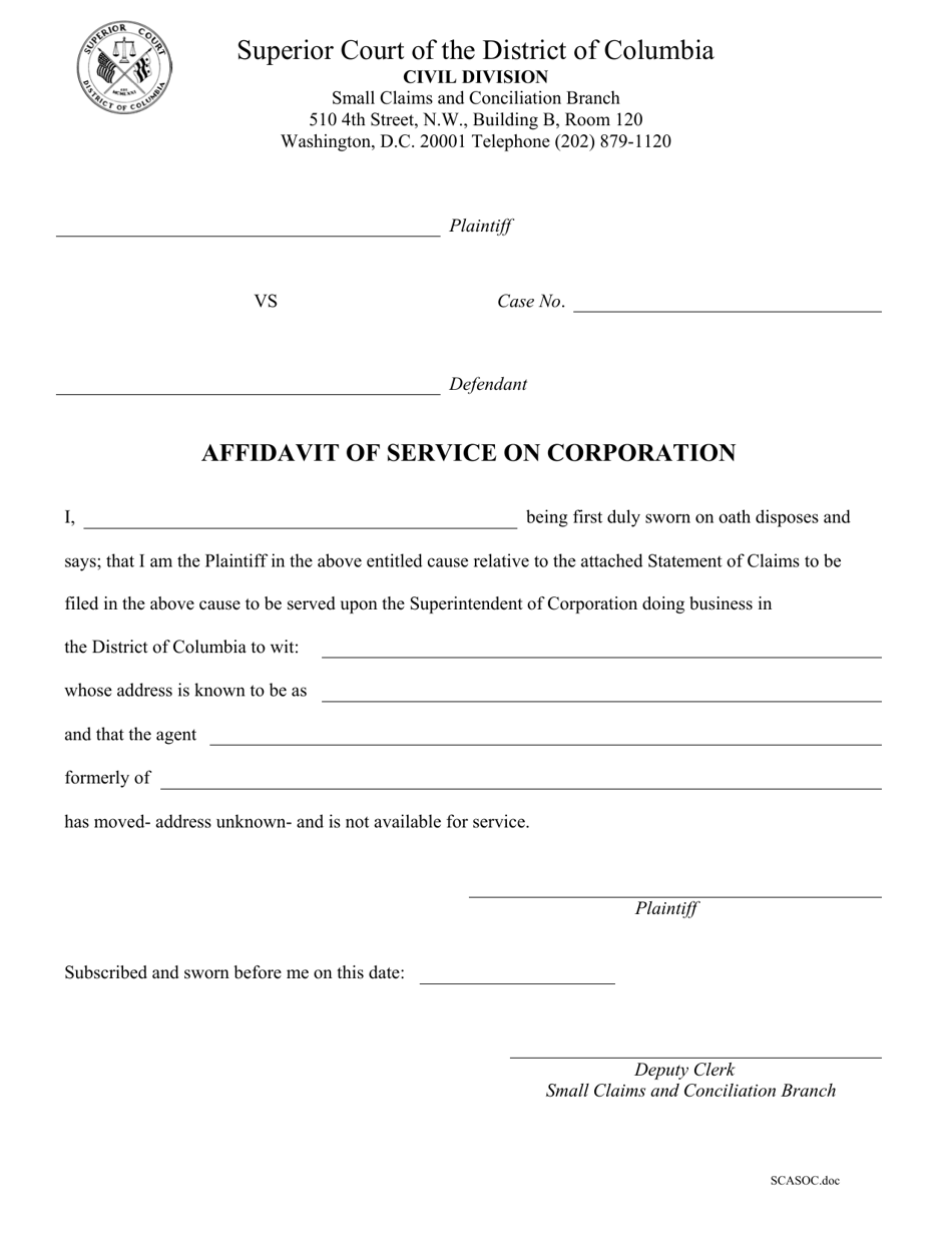Affidavit of Service on Corporation - Washington, D.C., Page 1