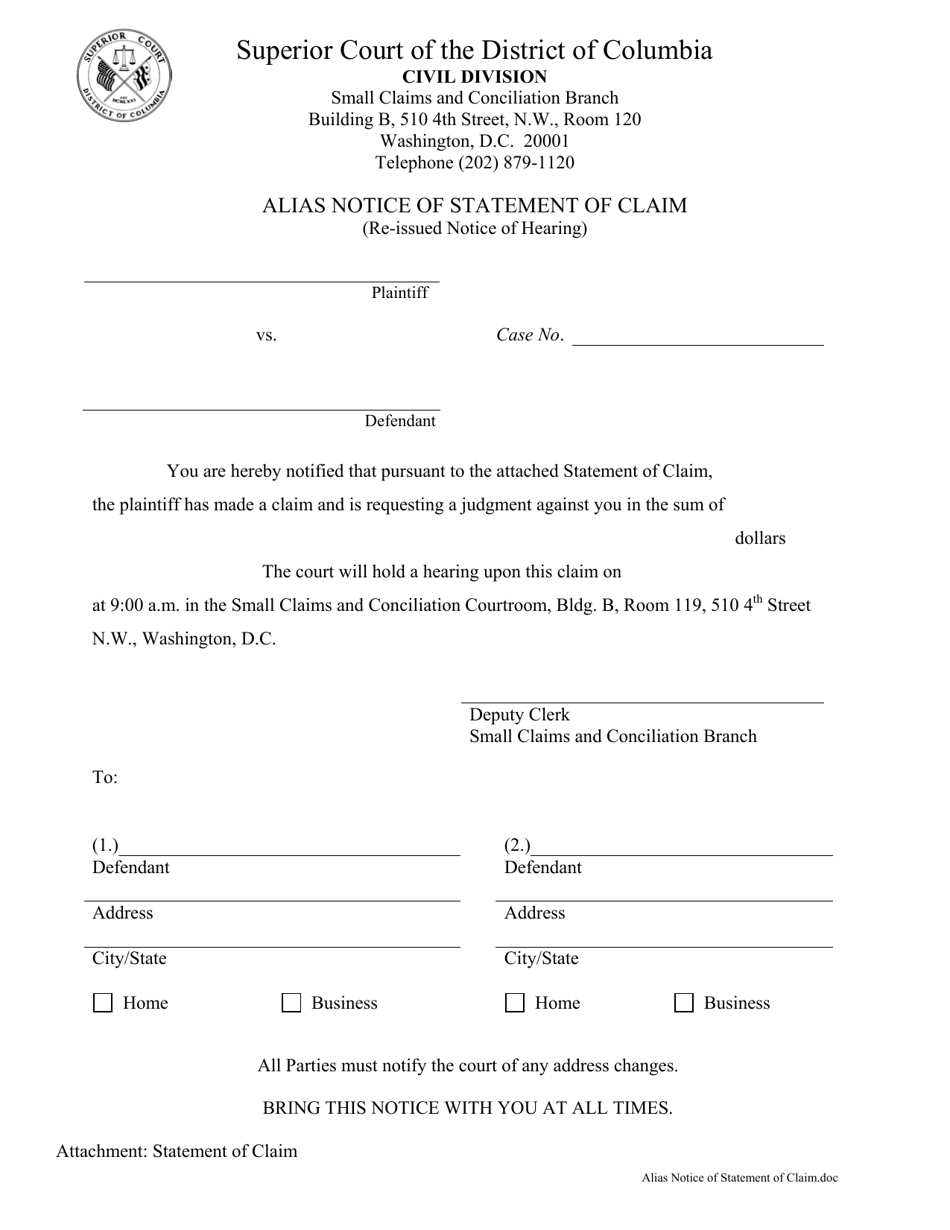 Alias Notice of Statement of Claim - Washington, D.C., Page 1