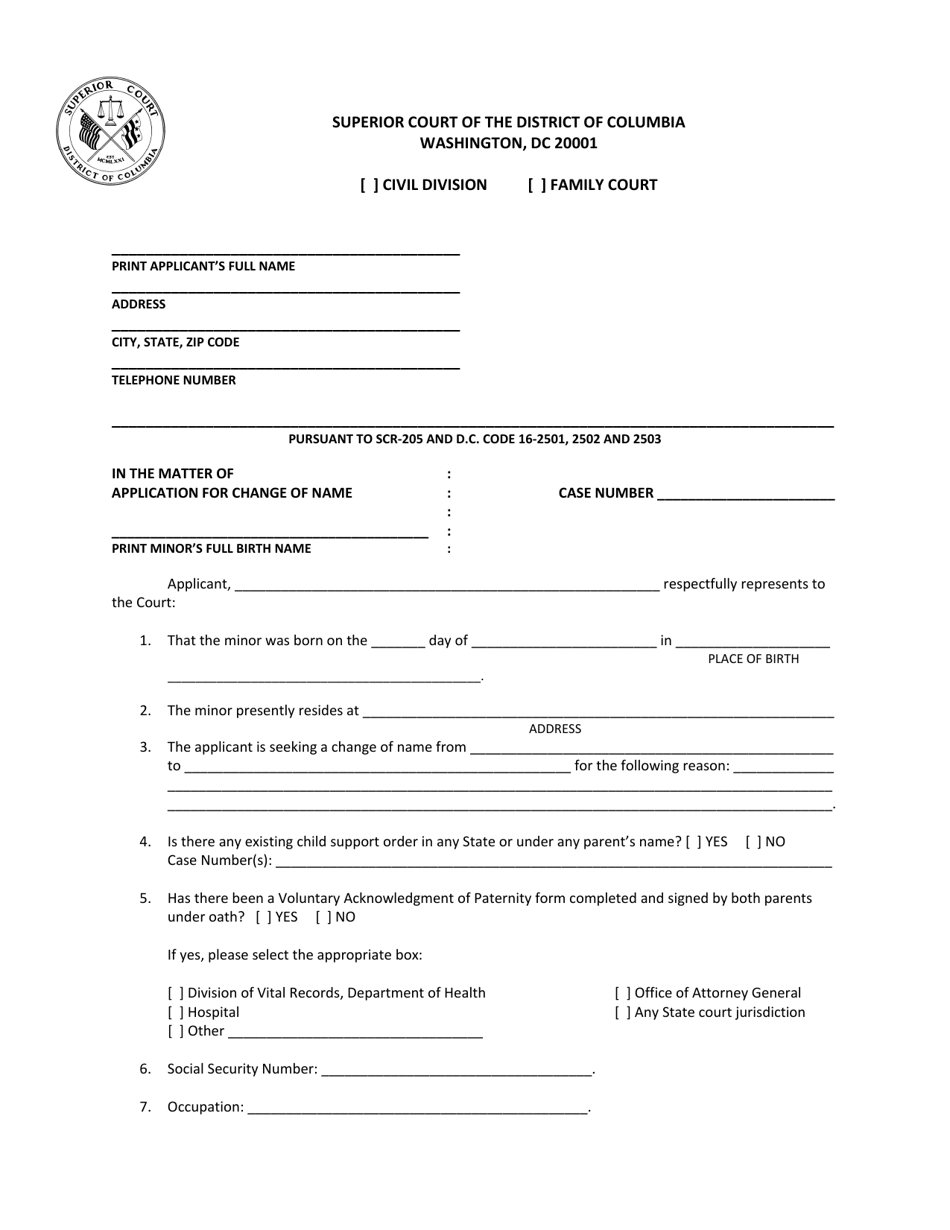 Washington, D.C. Application for Change of Name (Minor) Download Printable  PDF | Templateroller